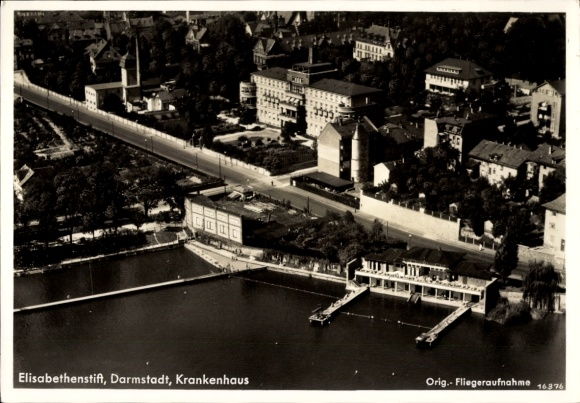 Postcard Darmstadt in Hesse, Elisabethenstift, hospital, aerial photograph