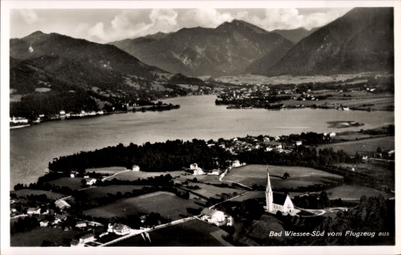 Postcard Bad Wiessee in Upper Bavaria, aerial photograph of the town on Lake Tegernsee