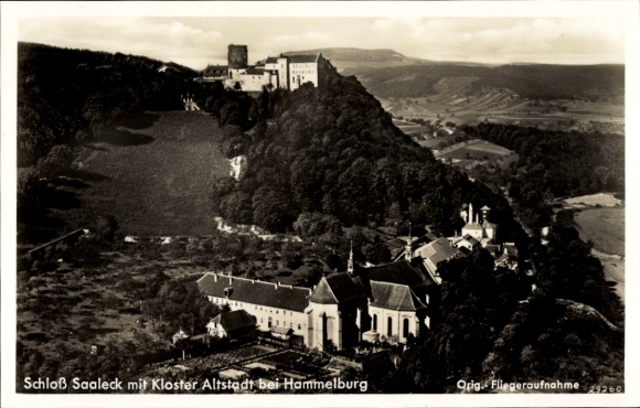 Postcard Hammelburg in Lower Franconia Bavaria, Saaleck Castle, Old Town Monastery, aerial photograph, site