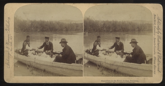 Stereo Foto Palästinenser und zwei Reisende in Boot auf dem Jordan