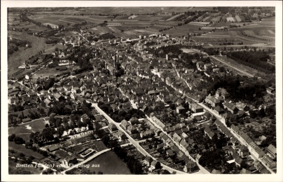 Postcard Bretten in Baden, aerial view of Baden, many houses, fields, trees
