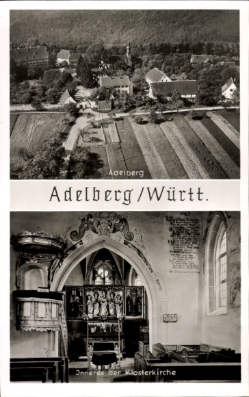 Postcard Adelberg near Göppingen, aerial view of monastery church, architecture