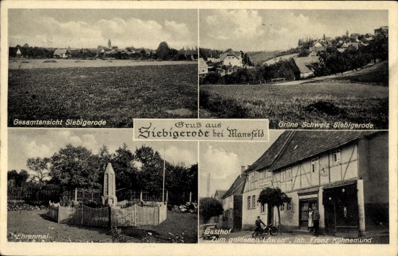 Ak Siebigerode Mansfeld im Harzvorland, Gesamtansicht, Grüne Schweiz, Ehrenmal, Gasthof