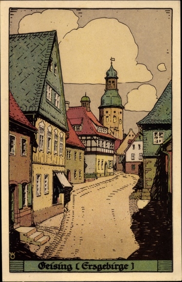 Artist lithograph PC Geising Altenberg in the Ore Mountains, village party