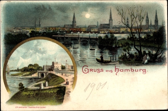 Moonlight Chromo-Litho Hamburg Mitte Altstadt, view of the town, Feenteichbrücke Uhlenhorst