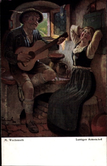 Artist Postcard Wachsmuth, M., Funny Alpine Song, man and woman in traditional costumes, guitar
