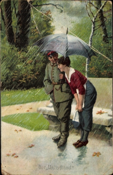 Künstler Ak Der Unterstand, Soldat hält Frau den Regenschirm, Immer Fachmann, I. WK