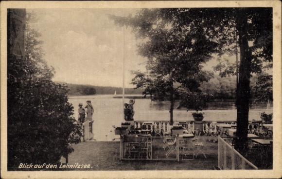 Postcard Lehnitz Oranienburg, Lehnitzsee, view of the café terrace, sailboat, trees