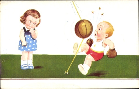 Postcard girl watches boy boxing
