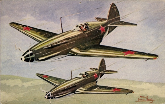 Artist Postcard Louis Petit, Russian military aircraft, MIG 3, fighter aircraft, Soviet Union, USSR