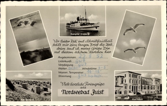 Postcard Nordseebad Juist in Ostfriesland, beach, seagulls, Kurhaus, steamer Frisia