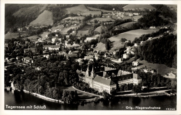 Postcard Tegernsee in Upper Bavaria, aerial photograph of Lake Tegernsee with castle, architecture, landscape