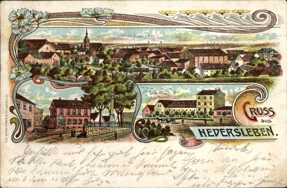 litho Hedersleben in de Vorharz, algemeen beeld, bloemen, koets