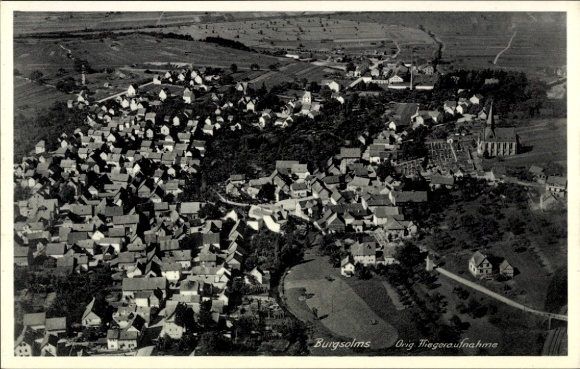 Postcard Burgsolms Solms in Hesse, aerial view of many houses, rural surroundings