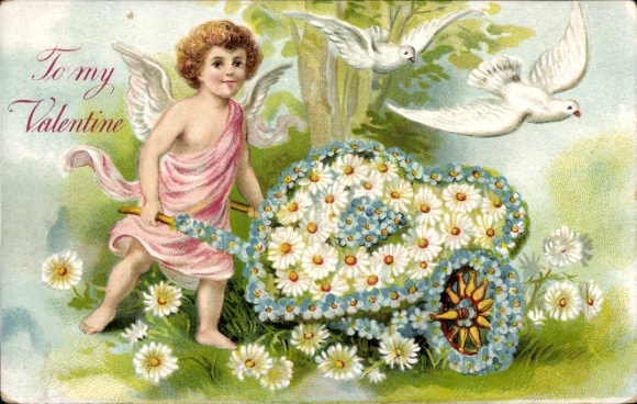 Embossed Postcard Congratulations Valentine's Day, Cupid, Pigeons, Wheelbarrow, Flowers
