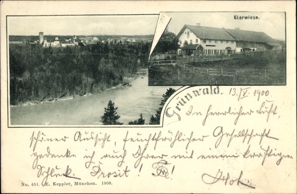 Postcard Grünwald in the Munich district of Upper Bavaria, Eierwiese, river section with a view of the town