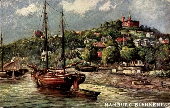 Künstler Ak Hamburg Altona Blankenese, Partie am Hafen, Boote