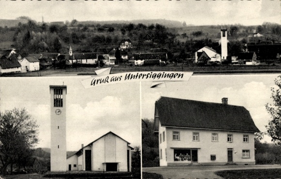 Postcard Untersiggingen Deggenhausertal Bodenseekreis, partial view, church, shop