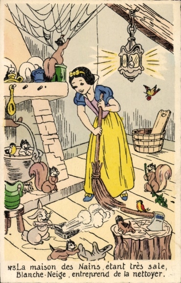 Postcard Walt Disney, Snow White in the House of the Dwarves, Broom, Forest Animals