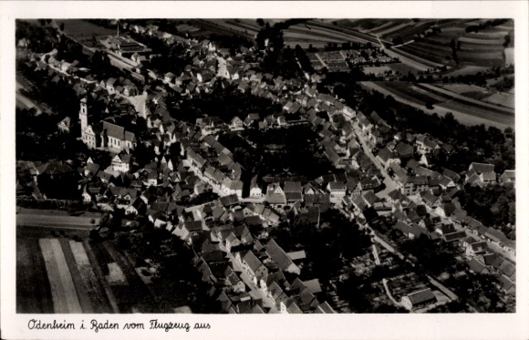Postcard Odenheim Östringen im Kraichgau, aerial photograph, church building, residential building, rural surroundings