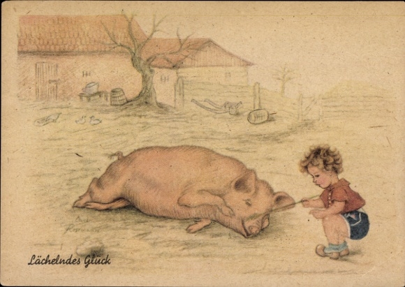 Artist Postcard Smiling Happiness, Child tickling a pig with a fern