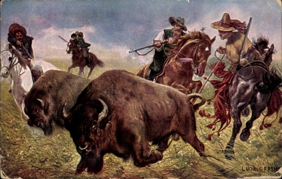 Artist Postcard Fromme, Ludwig, USA, Men on the Bison Hunt