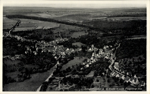 Postcard Scharnhausen Ostfildern in Baden, aerial photograph