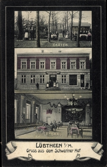Postcard Lübtheen in Mecklenburg, Schweriner Hof, garden, hall