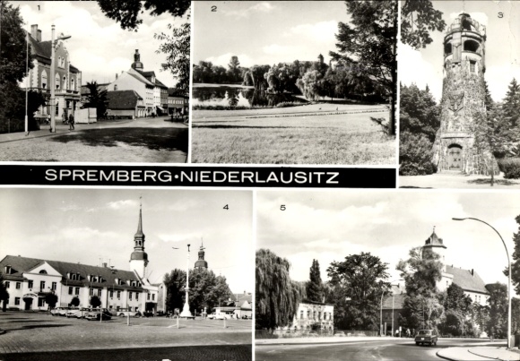 Ansichtkaart Spremberg in Lausitz, postkantoor, Lange Straße, kasteel, Georgenbergtoren, stadhuis, kasteel