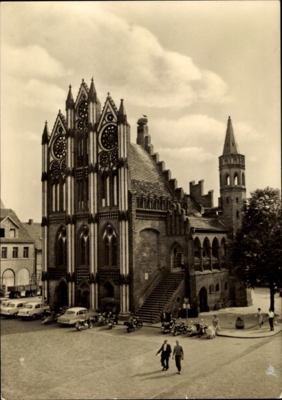 Postcard Tangermünde on the Elbe, town hall, Gothic architecture, city view, cars, people