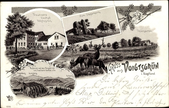 Chromo-Litho Voigtsgrün Hirschfeld in Saxony, Trautners Gasthof, Zum Jägerhorn, Tiergarten