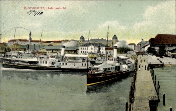Postcard Konstanz, harbor, steamships