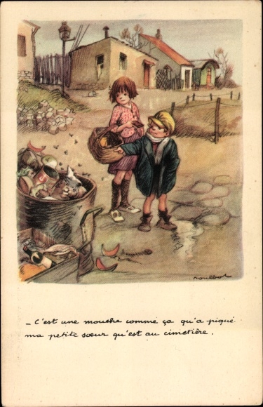 Artist PC Poulbot, Ligue Nationale contre le Taudis, children, dustbin, flies