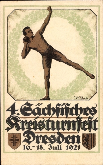 KP artystyczna Drezno, W. Pech, 4. Saksonia. Okręgowy Festiwal Gimnastyki 1921, festiwalowa karta sportowa nr 1, kulomiot