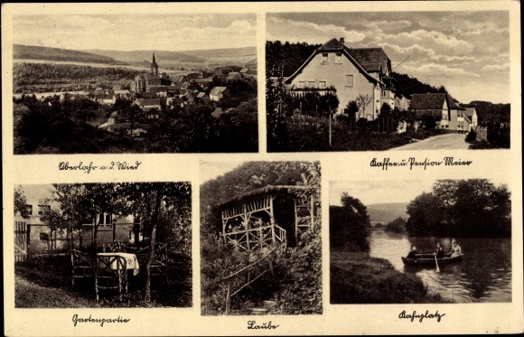 Ak Oberlahr aan het Wied Westerwald, Panorama, Kaffee Pension Meier, Laube, Kahnplatz