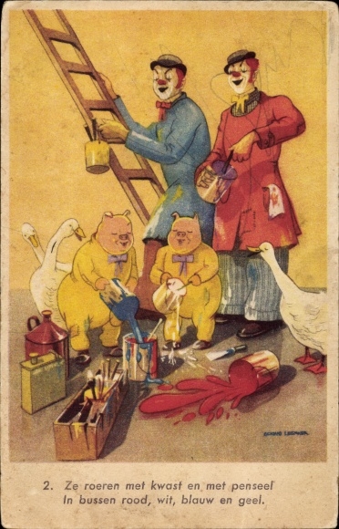 Artist Postcard Humanized pigs, geese, clowns, painters
