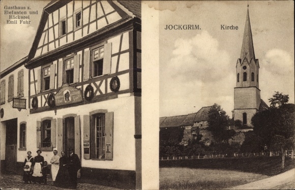 Postcard Jockgrim in the Palatinate, church, inn at the elephant and bakery