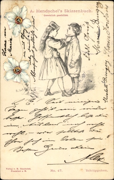 Kunstenaarskaart Hendschel, Albert, schetsboek nr. 47, pantoffels, jongen en meisje