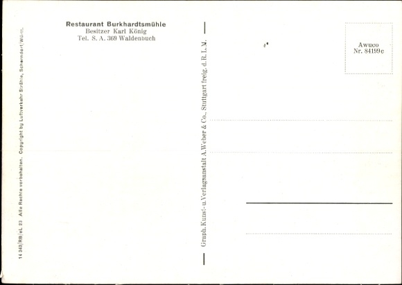 Postcard Waldenbuch in Württemberg, aerial photograph of Restaurant Burkhardtsmühle with Reichenbachtal