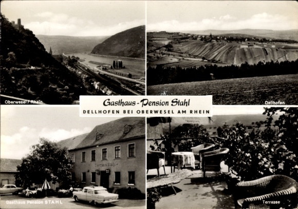 KP Dellhofen Oberwesel w Nadrenii-Palatynacie, Gasthaus Stahl, widok zewnętrzny, taras, panorama miasta