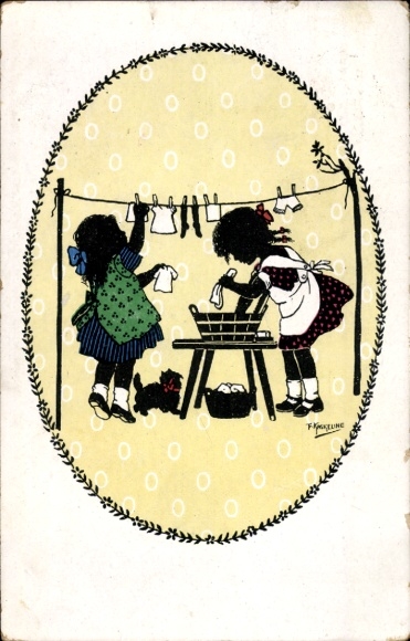 Artist Postcard Kaskeline, Girls washing doll clothes