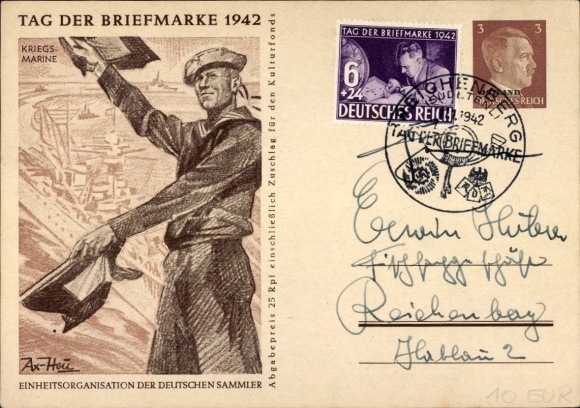 Postal stationery artist PC Axster Heudtlaß, Stamp Day 1942, Navy