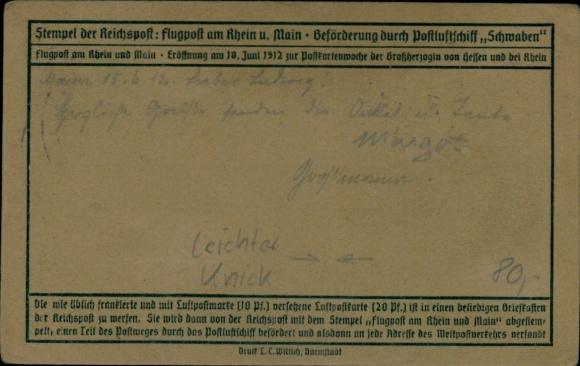 PC flight-post card, stamp Mainz, airmail on the Rhine and Main, 14.6.12, postal airship Schwaben