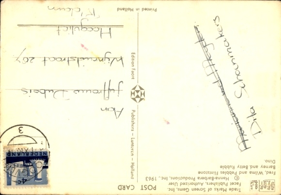 Postcard Fred and Wilma Feuerstein, pterodactyl as an umbrella