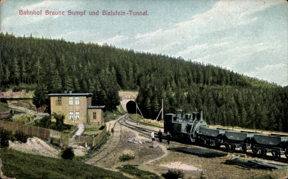 Postcard Blankenburg am Harz, Braune Sumpf station and Bielstein tunnel, Harz rack railway