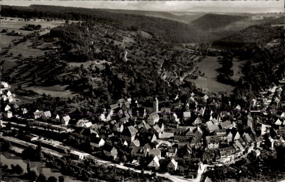 Postcard Forchtenberg in the Hohenlohe district, aerial view of Forchtenberg, buildings, landscape