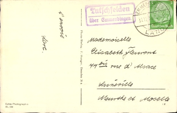Landpoststempel Tutschfelden über Emmendingen, 31.12.1936, Ansichtskarte Neujahrsgrüße