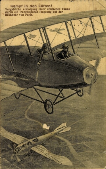 Postcard Fight in the air, German dove pursued by French aircraft, WWI