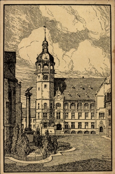 Künstler Ak Köthen, Blick auf das Rathaus, Denkmal