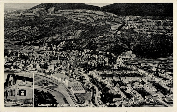 Postcard Dettingen an der Erms, aerial view of the town, restaurant at the wine press, wine region, mountains